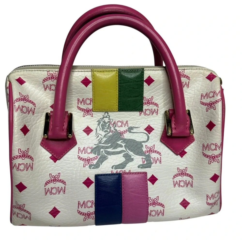 Vintage MCM White and Pink Visetos Leather Lion Boston Bag.